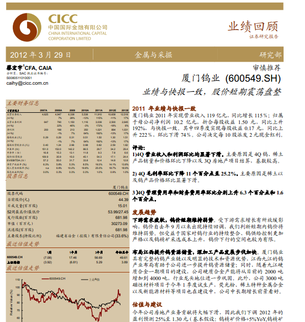 廈門鎢業-600549-業績與快報一致,股價短期震蕩盤整