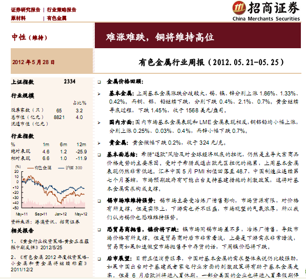 有色金屬行業(yè)研究報(bào)告:有色金屬行業(yè)周報(bào)(2012.05.21~05.25):難漲難跌,銅將維持高位