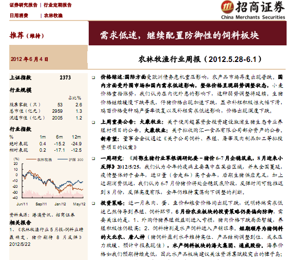 農(nóng)林牧漁行業(yè)研究報(bào)告:農(nóng)林牧漁行業(yè)周報(bào)(2012.5.28~6.1):需求低迷,繼續(xù)配臵防御性的飼料板塊