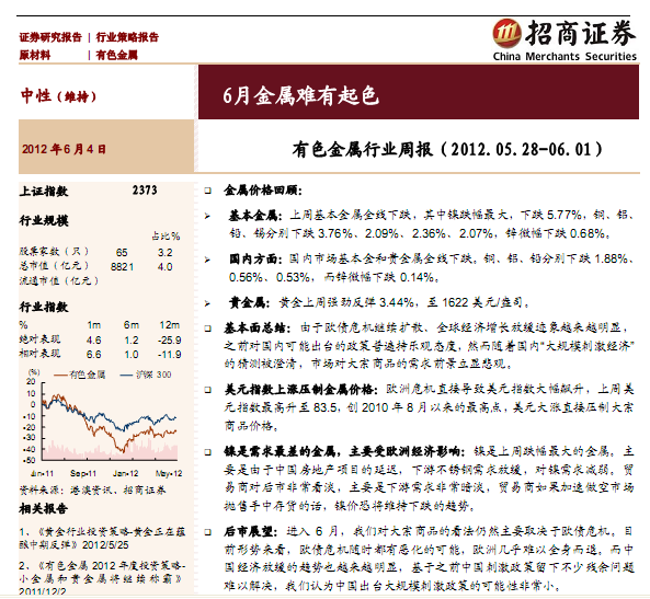 有色金屬行業研究報告:有色金屬行業周報(2012.05.28~06.01):6月金屬難有起色