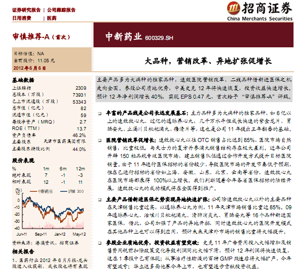 中新藥業-600329-大品種,營銷改革、異地擴張促增長